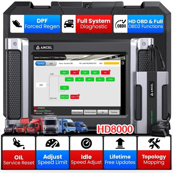 ANCEL HD8000 Diesel Heavy Duty Truck Scanner  All System Diagnostic Idle Speed Adjust DPF Regen Oil Reset, OBD2 Diagnostic Tool