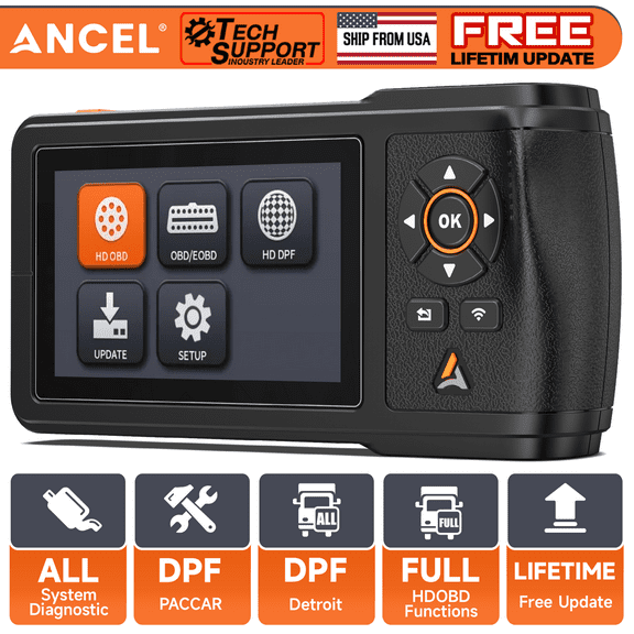 ANCEL Heavy Duty Truck Scanner Diesel Diagnostic Scan Tool, DPF Regen and Reset, Full System HDOBD & OBD2 Trucks & Cars 2 in 1 Code Reader, Lifetime Free Updates,
