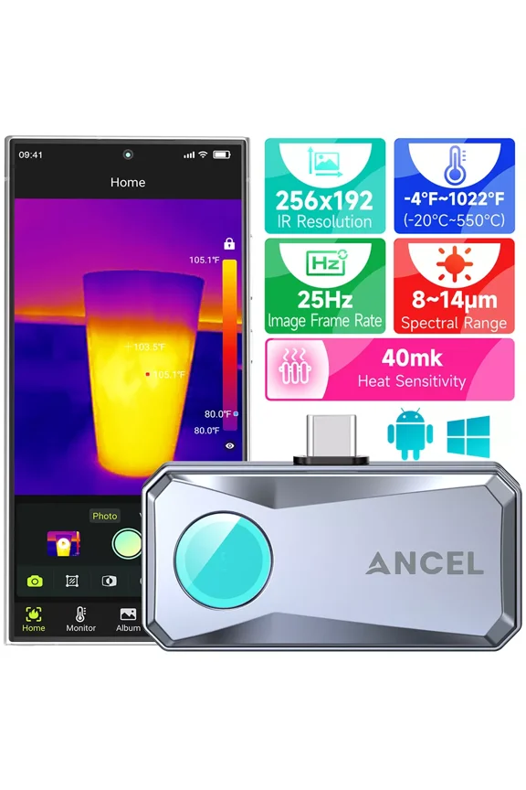 IR101 Ultra-Clear Thermal Camera for Android, 256x192 IR Thermal Imaging Camera, -4°F~1022°F Temp Range Thermal Imager Camera, 25Hz Image Frame Rate, Design for Smartphone and Tablets, Gray