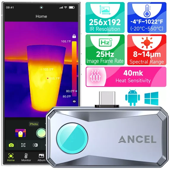 ANCEL IR101 Ultra-Clear Thermal Camera for Android, 256x192 IR Thermal Imaging Camera, -4°F~1022°F Temp Range Thermal Imager Camera, 25Hz Image Frame Rate, Design for Smartphone and Tablets, Gray