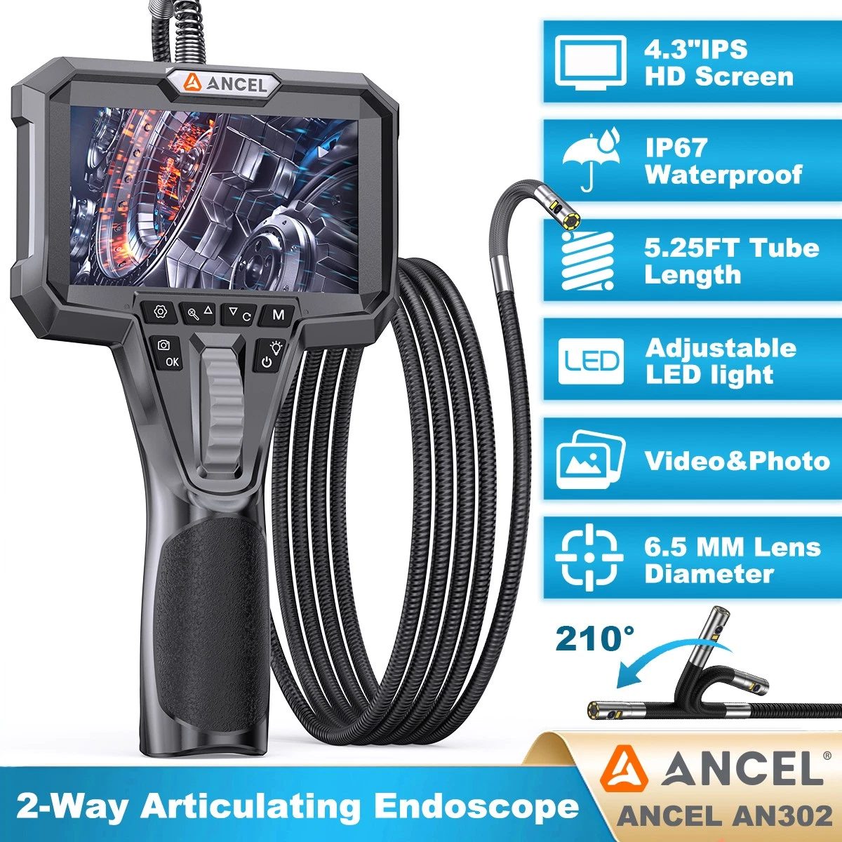 ANCEL Industrial Borescope 4.3" Snake Camera 6.5MM Endoscope, Two-Way HD Endoscope with 7 LED Lights Car Inspection Tool, IP67 Waterproof for Automotive Engine HVAC Wall and Pipe Inspection