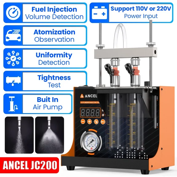 ANCEL JC200 Fuel Injector Tester Machine, Dual Channel lnjector Cleaning Tool Test Built-in Air Pump for Car Motorcycles