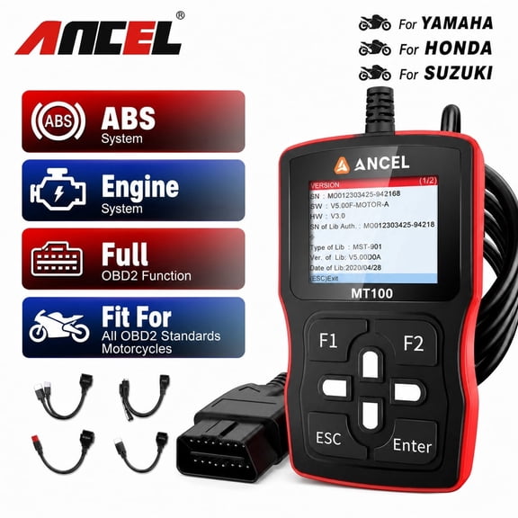 ANCEL MT100 Motorcycle Diagnostic Scan Tool Code Reader ABS Engine Code Scanner Motorbike Scanner Full OBD2 Functions Turn off Fault Indicator Light Read Clear Code Live Data OBD2 Scanner Free Update