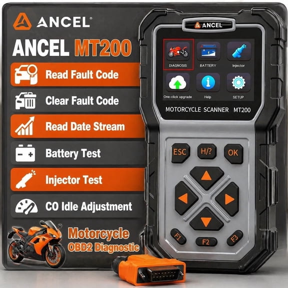 ANCEL MT200 OBD2 Scanner Full System Motorcycle Diagnostic Tool with Injector Test, Anti-theft System Test, Batter-y Test, 8 Connectors, Compatible with 29+ Motorcycle Brands