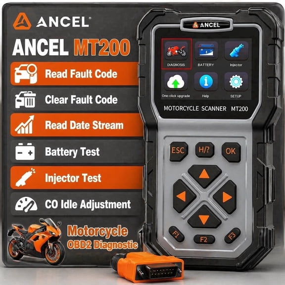 ANCEL MT200 OBD2 Scanner Full System Motorcycle Diagnostic Tool with Injector Test, Anti-theft System Test, Batter-y Test, 8 Connectors, Compatible with 29+ Motorcycle Brands