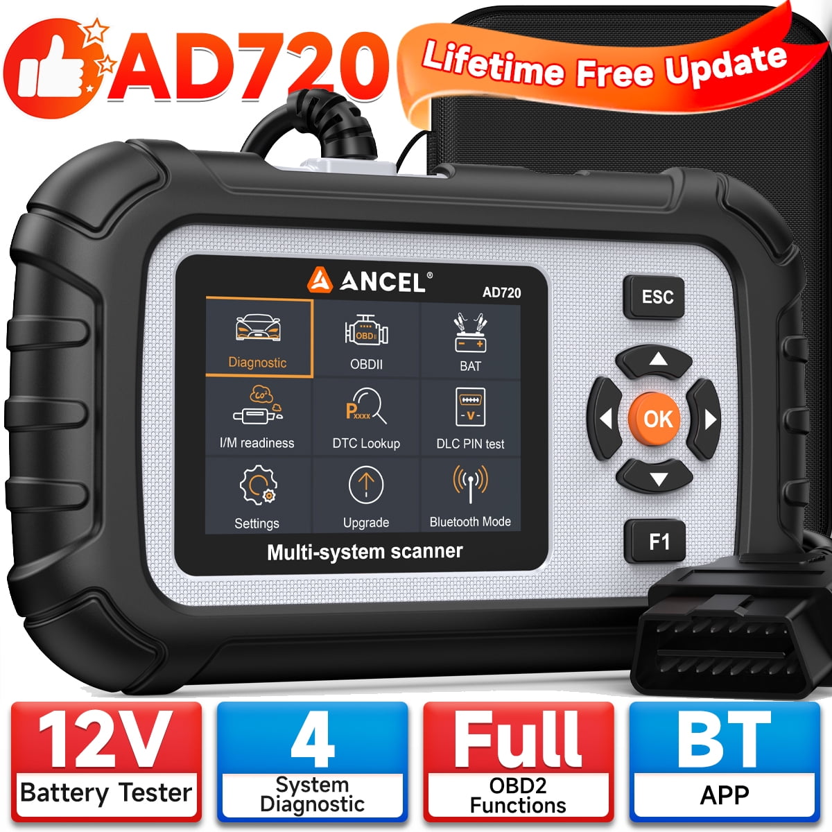 ANCEL AD720 OBD2 Scanner Diagnostic Tool, ABS SRS Transmission Airbag Car Scanner with Battery Test, Automotive Diagnostic Tool Check Engine Code Reader for All Cars
