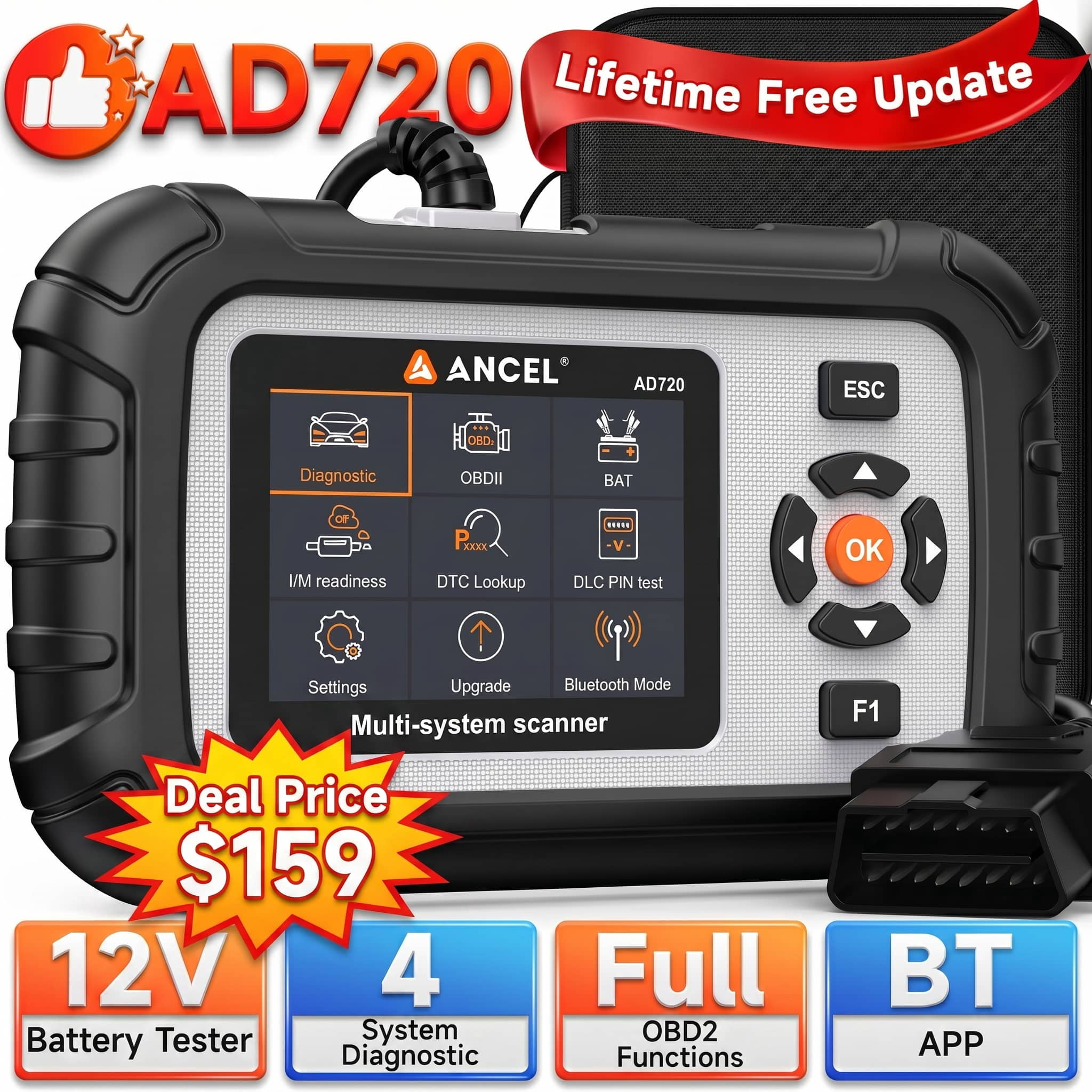 ANCEL AD720 Check Engine ABS SRS Transmission OBD2 Scanner Car