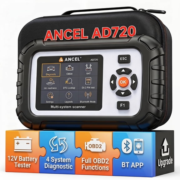 ANCEL AD720 OBD2 Scanner 4 System 12V Battery Tester Check Engine ABS SRS Transmission Diagnostic Tool Code Reader, WIFI Lifetime Free Update