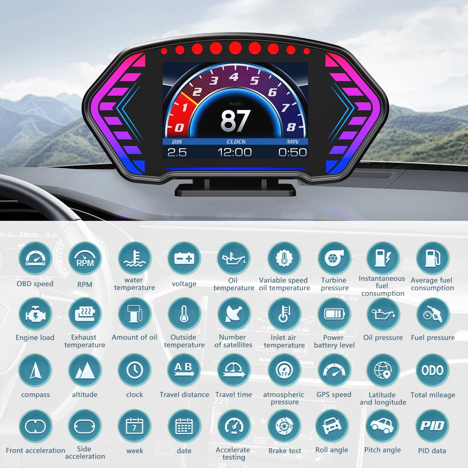 ANCEL P3 OBD2 Tachometer Gauge GPS Heads up Display Meter Speedometer Water Temp