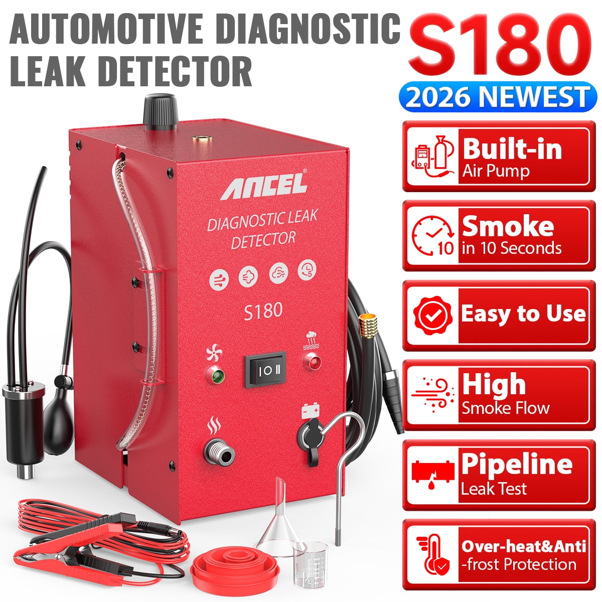 ANCEL S180 Automotive Smoke Machine Leak Detector with Built-In Air Pump, EVAP Smoke Machine Fuel Pipe Vacuum Diagnostic Tester for Cars Motorcycles Trucks
