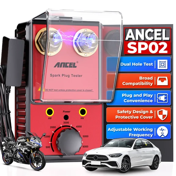 ANCEL 12V Car Spark Plug Tester Automotive Engine Ignition Coil Tester Dual Hole Diagnostic Ignition Analyzer Tester, 0 to 6000RPM Adjustable Working Frequency, with Protective Cover
