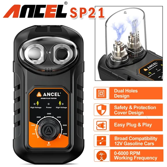 ANCEL Upgraded Spark Plug Tester, Double Hole Testing Spark Plug Detector, 0 to 6000RPM Adjustable Working Frequency, Automotive Ignition Analyzer Diagnostic Tool for Car & Motorcycle 12V Vehicles