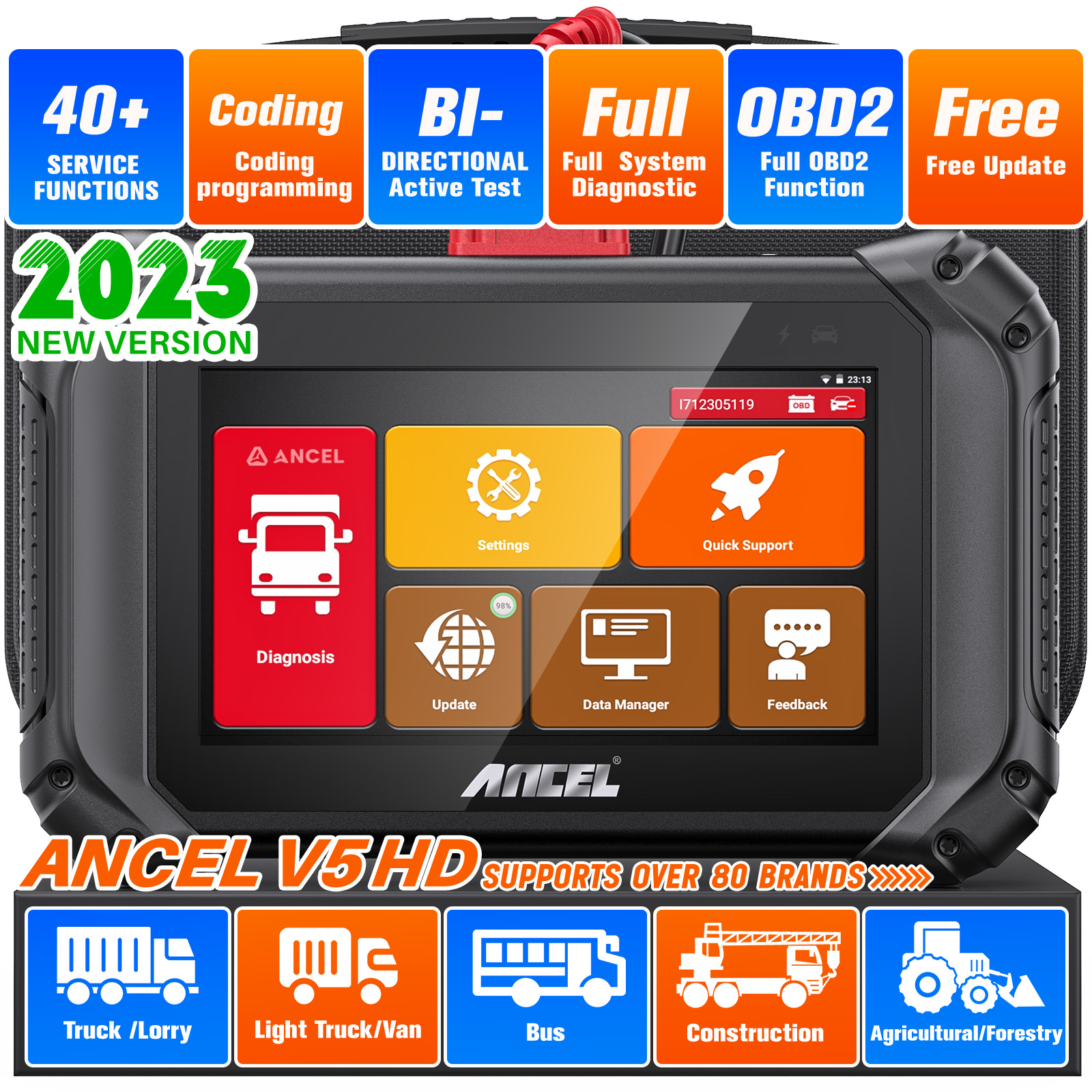 ANCEL V5 HD Diesel Truck Bidirectional Diagnostic Scan Tool Heavy Duty