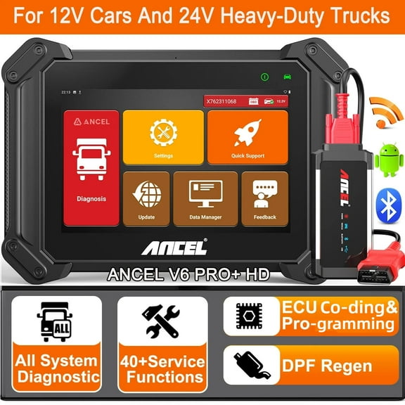 ANCEL V6 Pro+ HD Professional Scan Tool, Heavy Duty Diesel Truck Diagnostic Scanner Tool OBD2 Scanner for Car and Truck, IM-M-O ECU Reset 40+ Maintenance Service, 3 Years Free Update