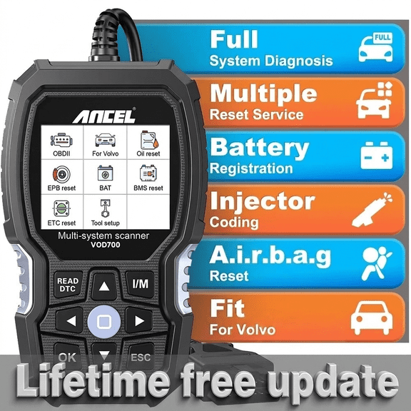 ANCEL VOD700 OBD2 Scanner Fits for Volvo, Full System Diagnostic Tool Car Code Reader with ABS Bleeding, Oil/BMS/EPB/TPMS/Injector Reset, Lifetime Free Update