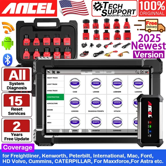 ANCEL X7 HD Heavy Duty Truck Scanner Tablet Diesel Truck Diagnostic Tool ECU Reset Full System Bidirectional Control Free 15 Reset Services,24V Truck 12V Car 2in1 Code Reader, Gift:Car Battery Tester