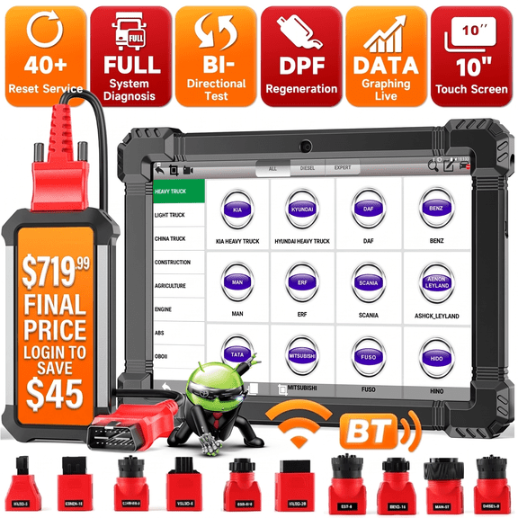 ANCEL X7 HD 10" Heavy Duty Truck Scanner Bidirectional Diesel Scan Tool with D-P-F/C0ding, 40+ Reset, Full System Diesel Diagnostic Scan Tool for Cummins Detroit Heavy Truck Pickup Tractor Semi Truck