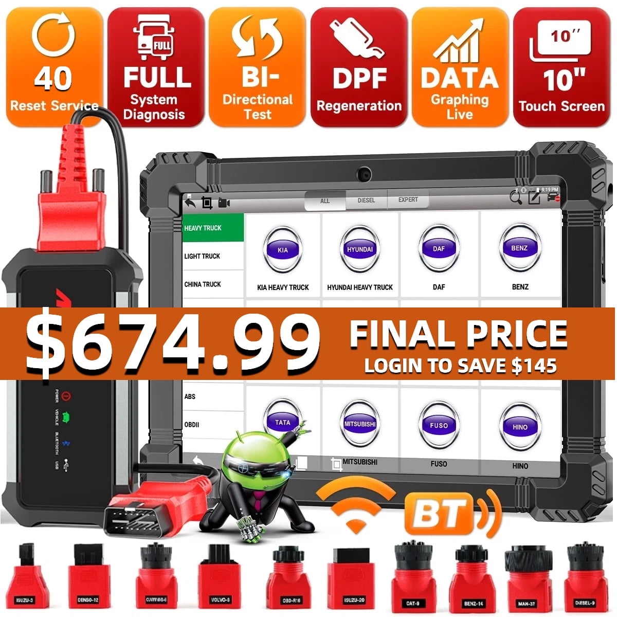 ANCEL X7 HD 10'' Heavy Duty Truck Scanner Bidirectional Diesel Truck Scan Tool with 40+ Reset DPF/ECU Co-ding for Cummins Detroit, All System Wireless Diagnostic Tool OBDII HDOBD Truck Code Reader