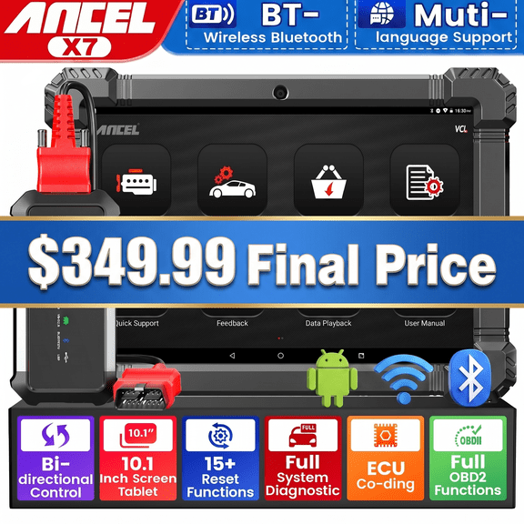 ANCEL X7 OBD2 Scanner Bluetooth Bidirectional Scan Tool Full System Car Diagnostic Tool with 15 Resets, ECU Co-ding for VW Audi, Active Test, ABS Bleeding, TPMS/SAS/EPB/Oil Reset, 2 Years Free Update