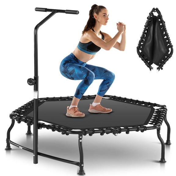 FUNMILY 50" Hexagonal Adult Trampoline with T-Bar Handle - 550LBS Capacity, 48 Bungee Cords, Foldable Mini Fitness Rebounder for Home Gym Exercise