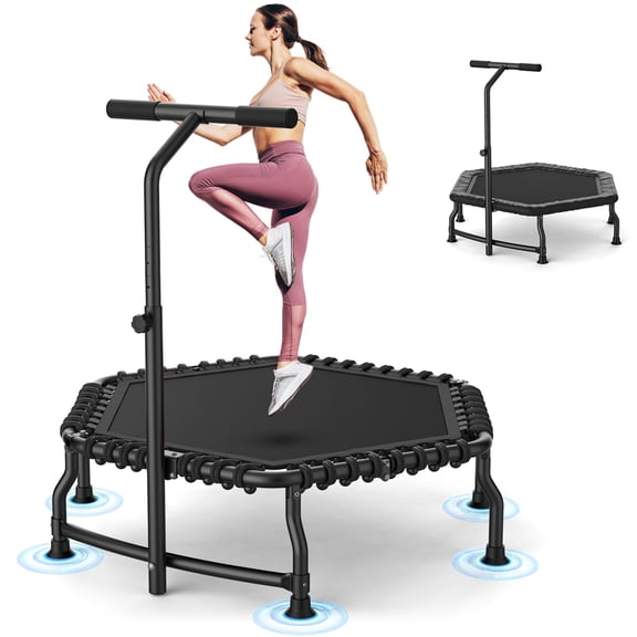 FUNMILY 50" Hexagonal Adult Trampoline with T-Bar Handle - 550LBS Capacity, 48 Bungee Cords, Foldable Mini Fitness Rebounder for Home Gym Exercise