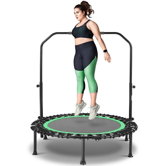 FUNMILY 40" Foldable Mini Trampoline with Bungees, Fitness Trampoline Workout Max Load 450lbs, Adjustable Foam Handle, Indoor Exercise Trampoline, Green