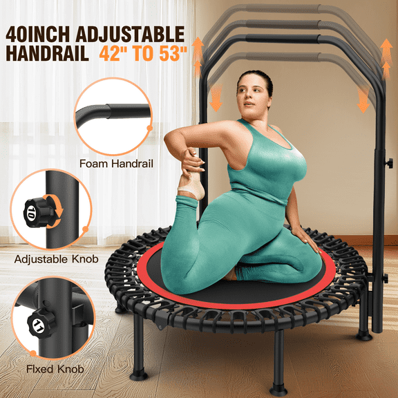 FUNMILY 40" Foldable Mini Trampoline with Bungees, Fitness Trampoline Max Load 450lbs, Adjustable Foam Handle, Indoor Exercise Trampoline
