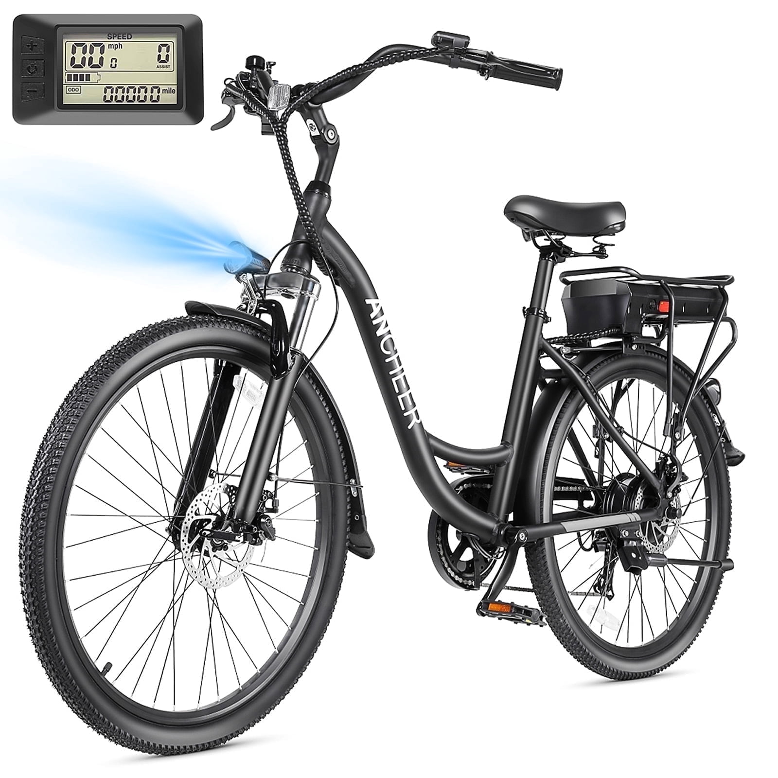 ANCHEER 500W Electric Bike for Adults, 48V 10.4AH EBike, 3.5H Fast-Charge Removable Battery, 26" Commuter Electric Bicycles with 7-Speed, LCD Digital Display, Suspension Fork, Cruise Control UL2849
