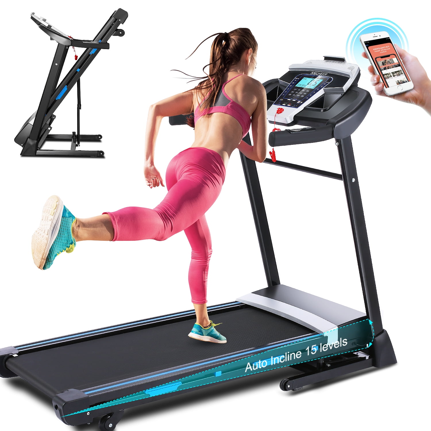 ANCHEER Exercise Treadmills with 15 Level Auto Incline Folding Treadmills 300lb Capacity Smart Control Running Machines with Bluetooth Speaker LCD