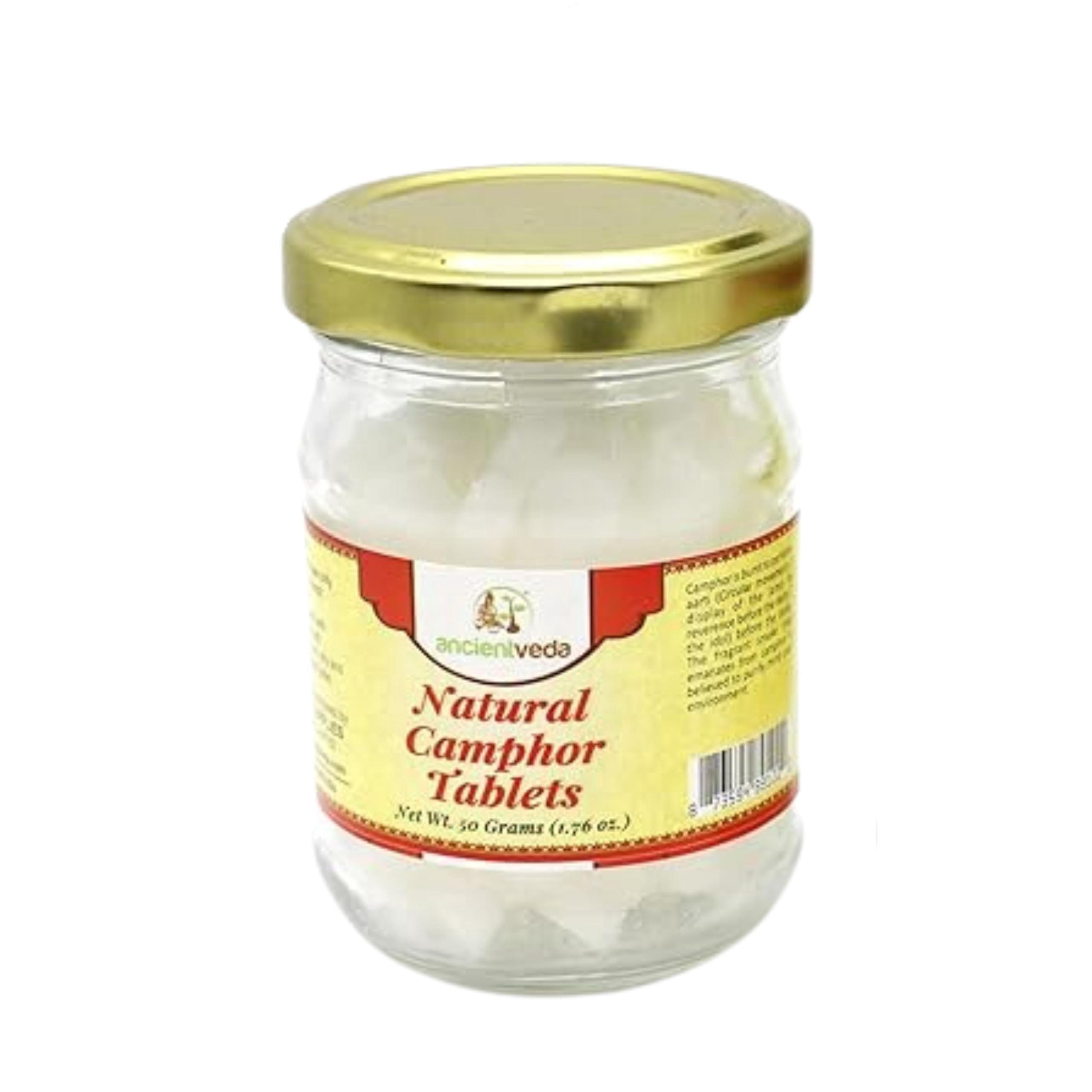 Ancient Veda Natural Camphor Tablets Incense in Glass Jar Bottle Quality Refined Natural for Aromatherapy, Odor Eliminator, Puja, Alcanfor 50 Gram