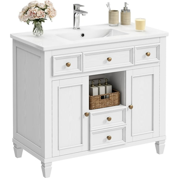 ANCTOR 36 inch Bathroom Vanity with Ceramic Sink, White Vanity for Bathroom with Top Solid Wood Legs 4 Drawers Adjustable Shelves