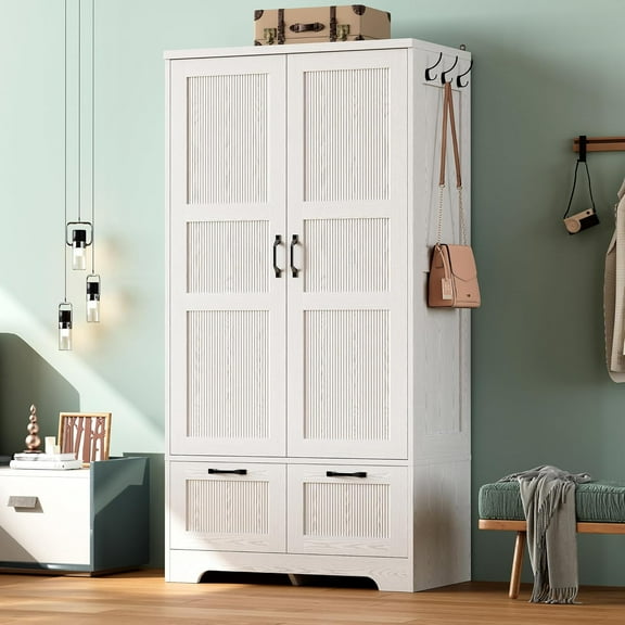 ANCTOR Armoire Wardrobe Closet, 71" H Wooden Clothing Storage Cabinet with 2 Doors and 2 Drawers, Bedroom Freestanding Wardrobe Combination with Hanging Rod and Adjustable Shelves, White