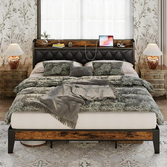 ANCTOR California King Bed Frames, Storage Headboard with Outlets, Easy to Install, Sturdy and Stable, No Noise, No Box Springs Needed, Rustic Brown and Black