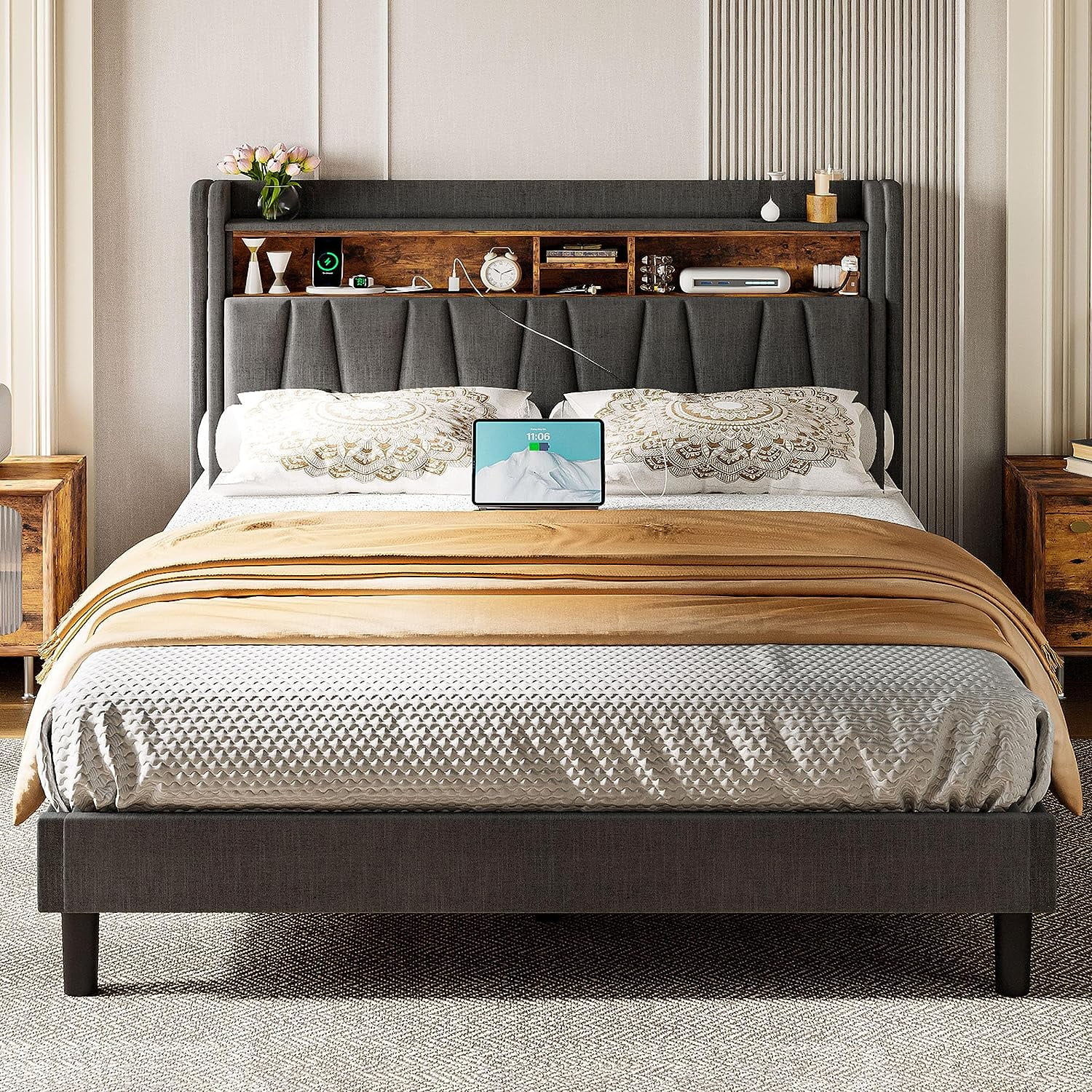 ANCTOR Full Bed Frame with Charging Station, Full Size Bed Frame withb