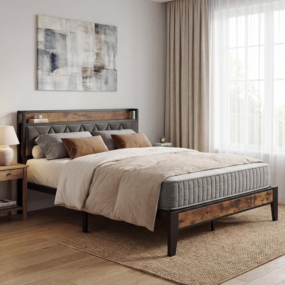 ANCTOR Full Size Bed Frame, Tufted Upholstered Headboard with Built-in Storage & Power Outlets, Heavy-Duty Metal Frame, Noise-Free, No Box Spring Required, Easy Assembly