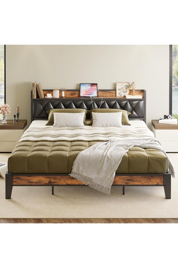 ANCTOR King Bed Frame, Storage Headboard with Outlets, Easy to Install, Sturdy and Stable, No Noise, No Box Springs Needed, Rustic Brown and Black