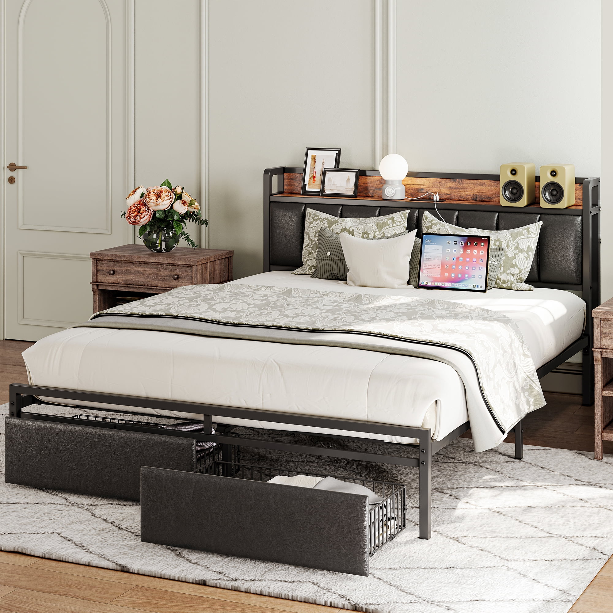 ANCTOR Queen Bed Frame with Storage Headboard, Charging Station, and