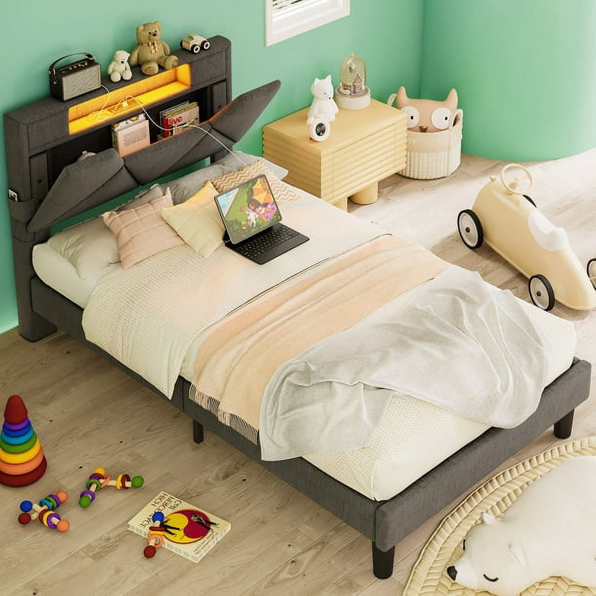 Twin bed 2024 with bookshelf headboard