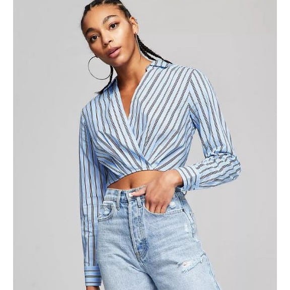 AND NOW THIS Women's Blue Faux-Wrap Poplin Shirt, Large