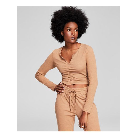 AND NOW THIS Womens Brown Ruched Ribbed Short Length Long Sleeve Split Top XS