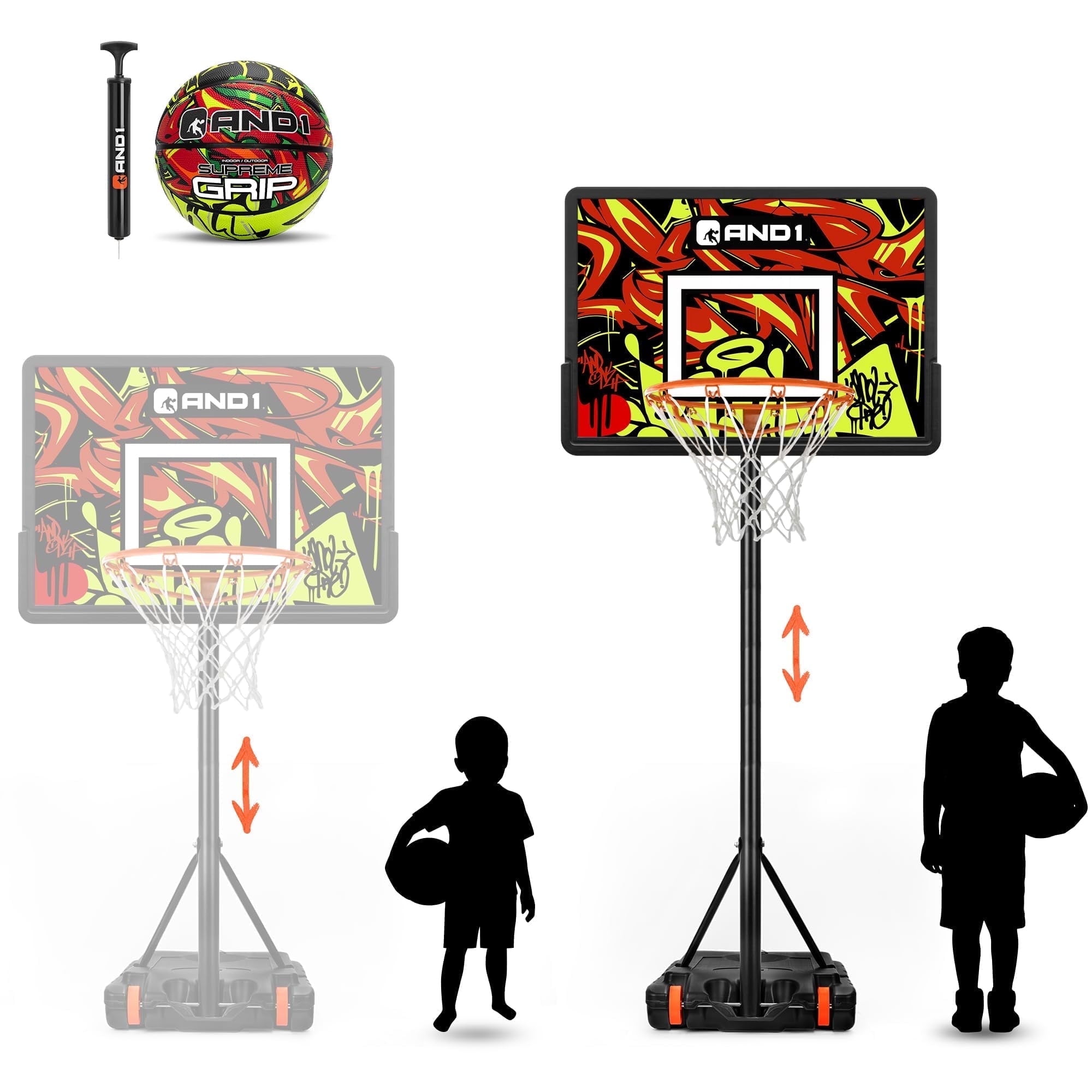 AND1 32" Youth Basketball Hoop & Basketball Bundle - Adjustable Portable Outdoor Hoop, 5-7 ft Adjustable Height