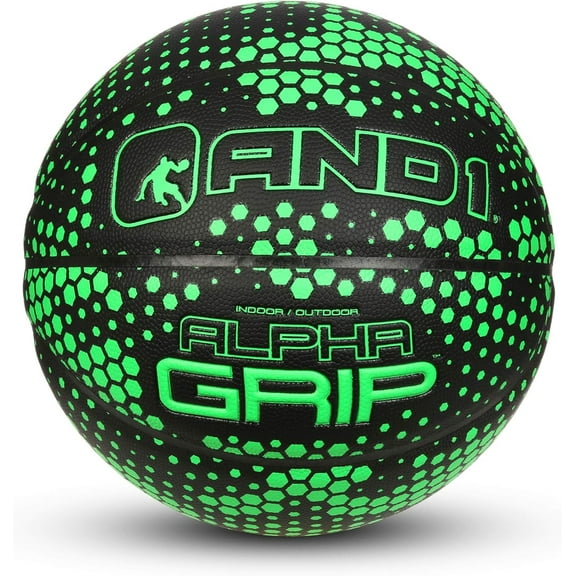 AND1 Alpha Grip Composite Basketball: Game Ready Office Regulation Size 7 (29.5") Made for Indoor/Outdoor, Black/Neon Green