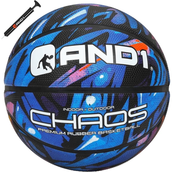 AND1 Chaos Graffiti Rubber Basketball, Size 7 (29.5"), Indoor/Outdoor, Deep Channel Construction, Vibrant Colors, Includes Hand Pump