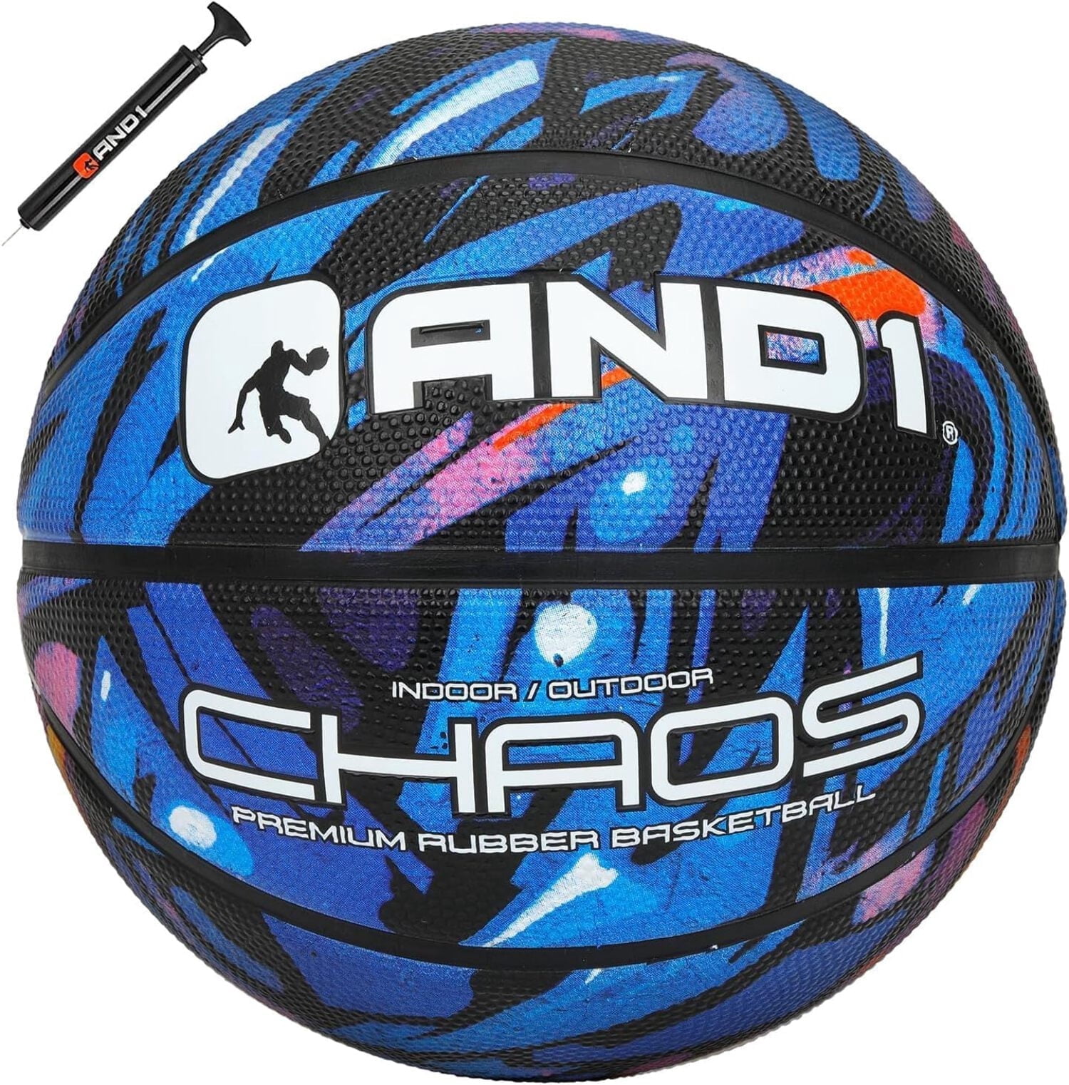 AND1 Chaos Basketball: Size 7 (29.5") Rubber, Deep Channel, Made for Indoor Outdoor Basketball Games, Pump Included