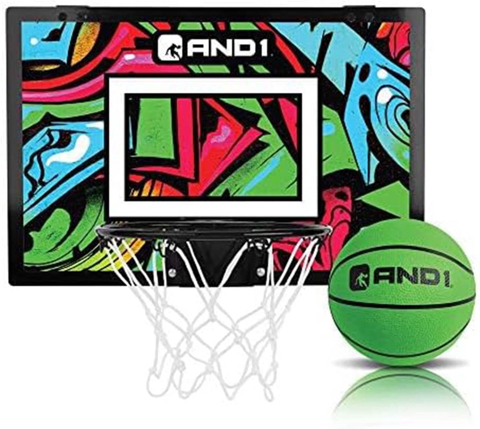 AND1 Over the Door Mini Basketball Hoop Set, 18"x12" Shatterproof Backboard, 1 Mini Basketball, No Tools Indoor Use
