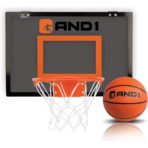 AND1 Over the Door Mini Basketball Hoop Set, 18"x12" Shatterproof Backboard, 1 Mini Basketball, No Tools Indoor Use