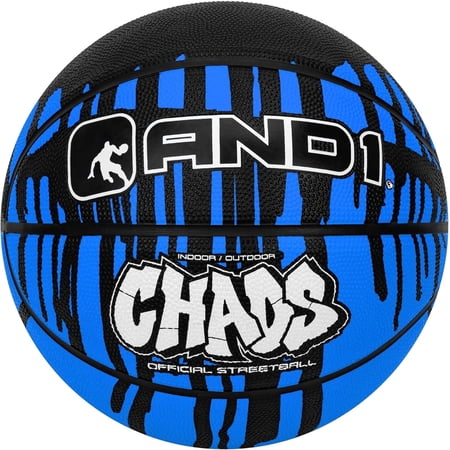 AND1 Chaos Basketball, Official Size 7 (29.5"), Rubber, Deep Channel, Made for Indoor/Outdoor Games, Blue/Black Drip