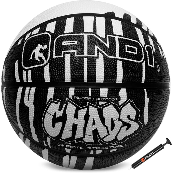 AND1 Chaos Basketball, Official Size 7 (29.5"), Rubber, Deep Channel, Made for Indoor/Outdoor Games, White Drip