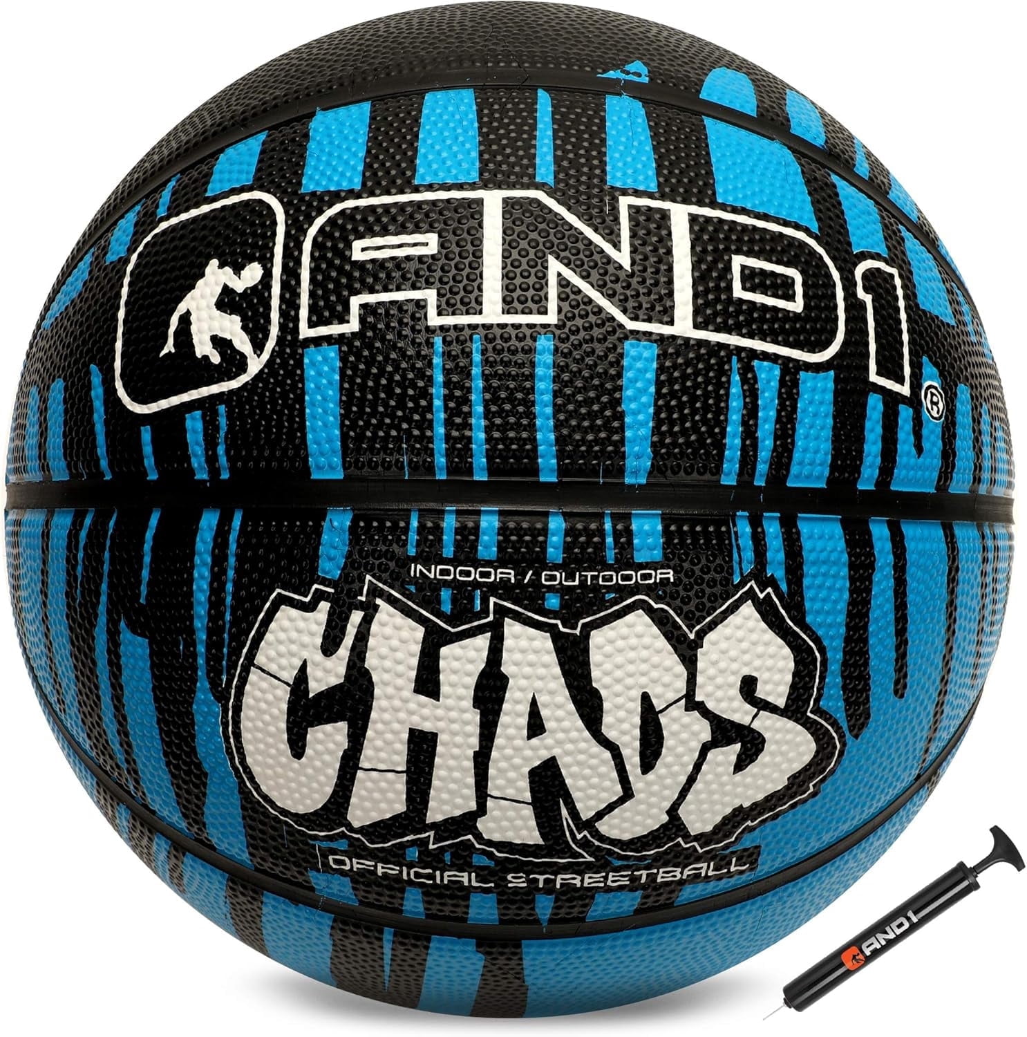 AND1 Chaos Basketball, Official Size 7 (29.5"), Rubber, Deep Channel, Made for Indoor/Outdoor Games, Blue Drip
