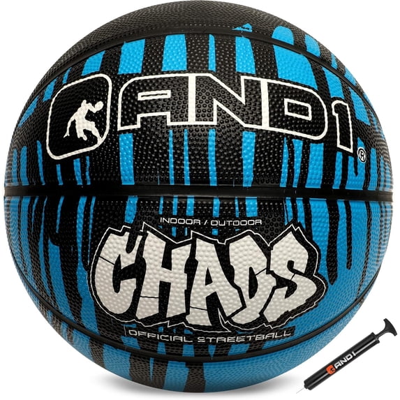 AND1 Chaos Basketball, Official Size 7 (29.5"), Rubber, Deep Channel, Made for Indoor/Outdoor Games, Blue Drip